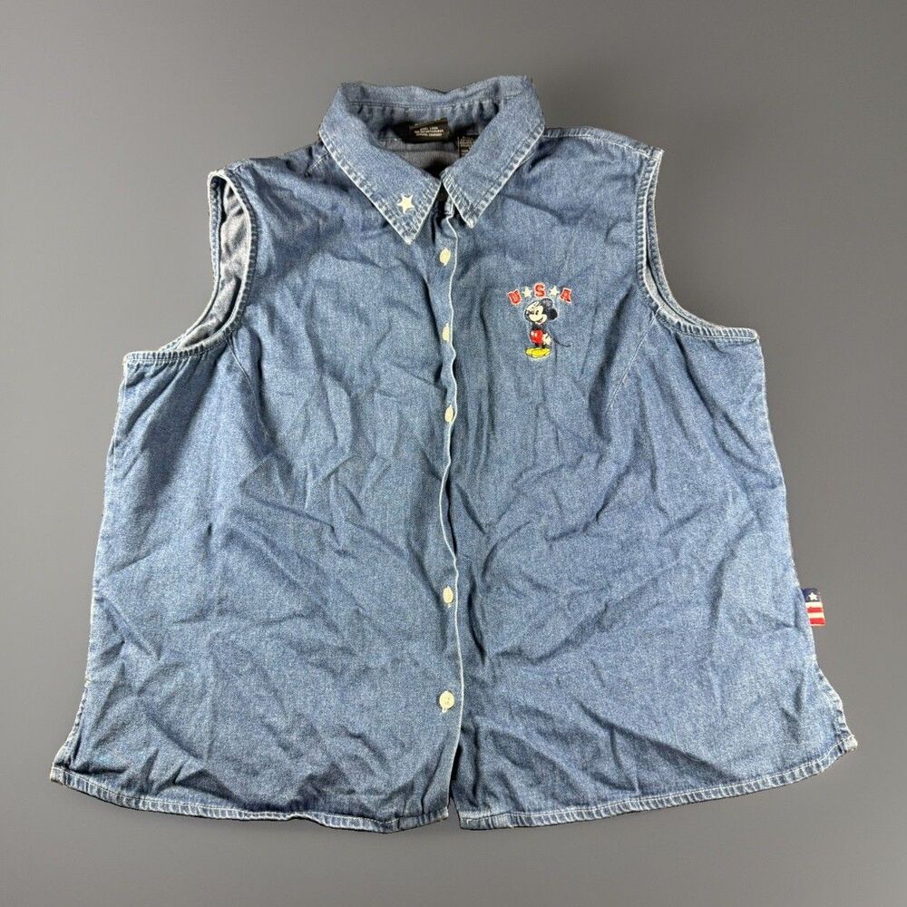 Vintage 90s Mickey Unlimited Patriotic Embroidered Sleeveless Denim Button-Up XL